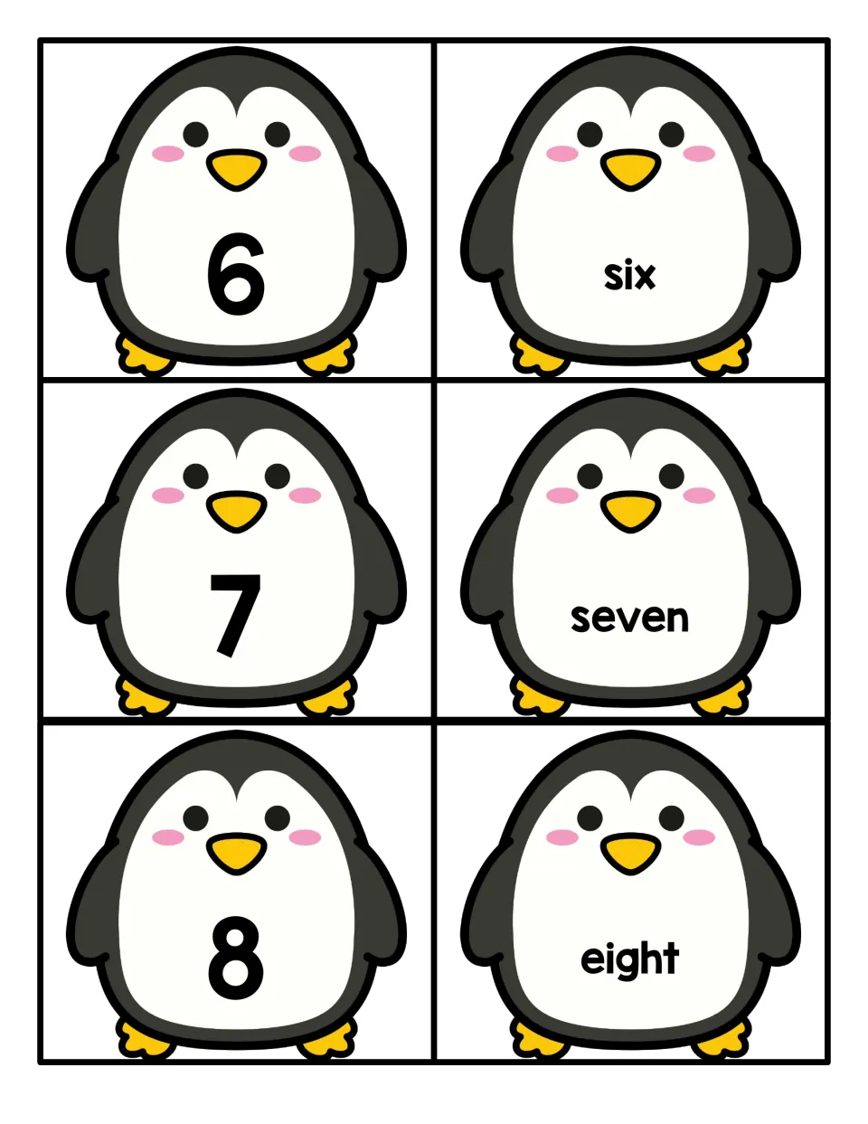 Numbers 6 to 8: penguin cards show numerals 6, 7 and 8 plus word cards six, seven and eight for matching numeral to word