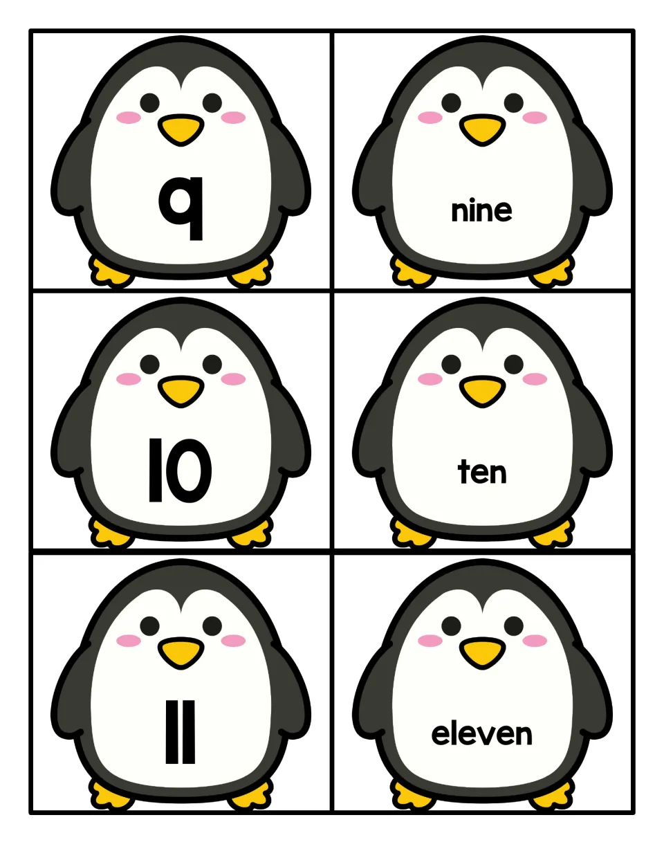 Numbers 9 to 11: penguin numeral cards 9, 10 and 11 alongside word cards nine, ten and eleven for number word recognition