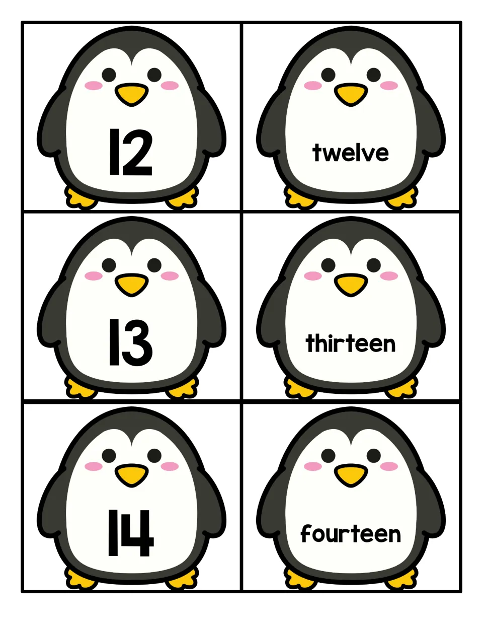 Numbers 12 to 14: penguin cards with numerals 12, 13, 14 and the words twelve, thirteen and fourteen to match in pairs
