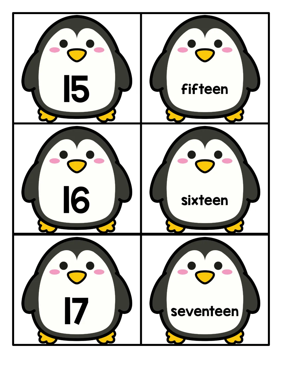 Teen numbers 15 to 17: penguin numeral cards 15, 16, 17 paired with fifteen, sixteen and seventeen word cards for matching
