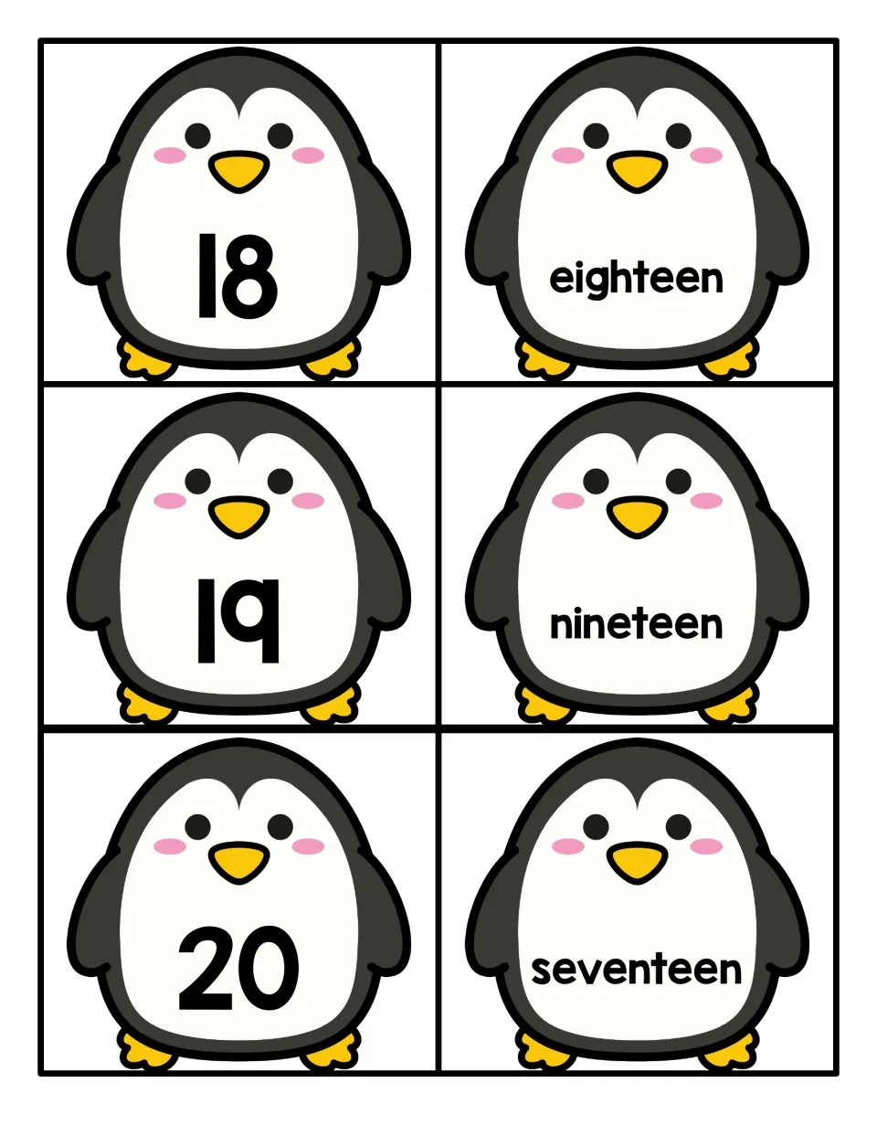 Numbers 18 to 20: penguin numeral cards 18, 19, 20 with word cards eighteen, nineteen and seventeen where twenty belongs
