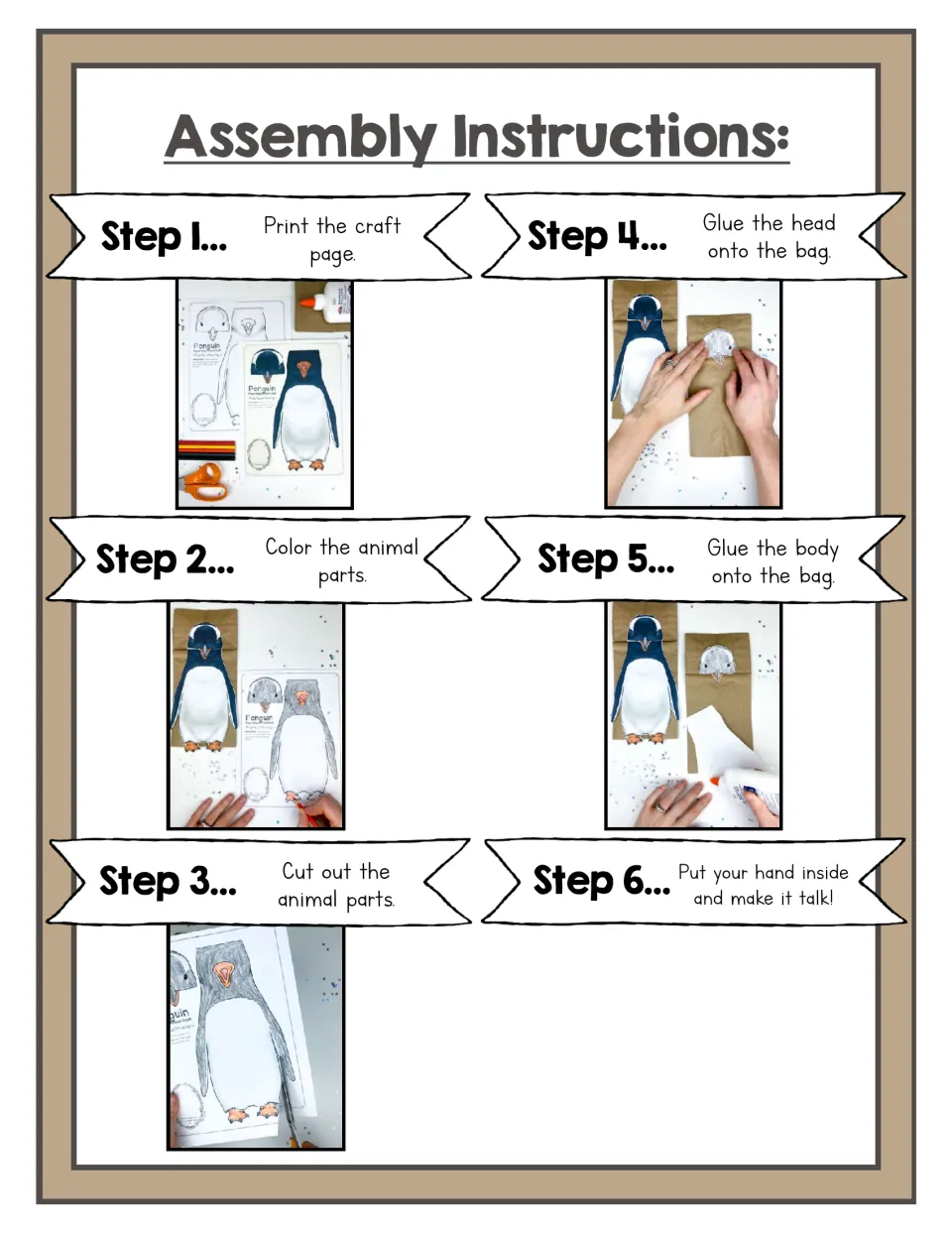 Assembly steps 1 to 6 with photos: print, color and cut out penguin parts, glue head and body to a bag, then make it talk