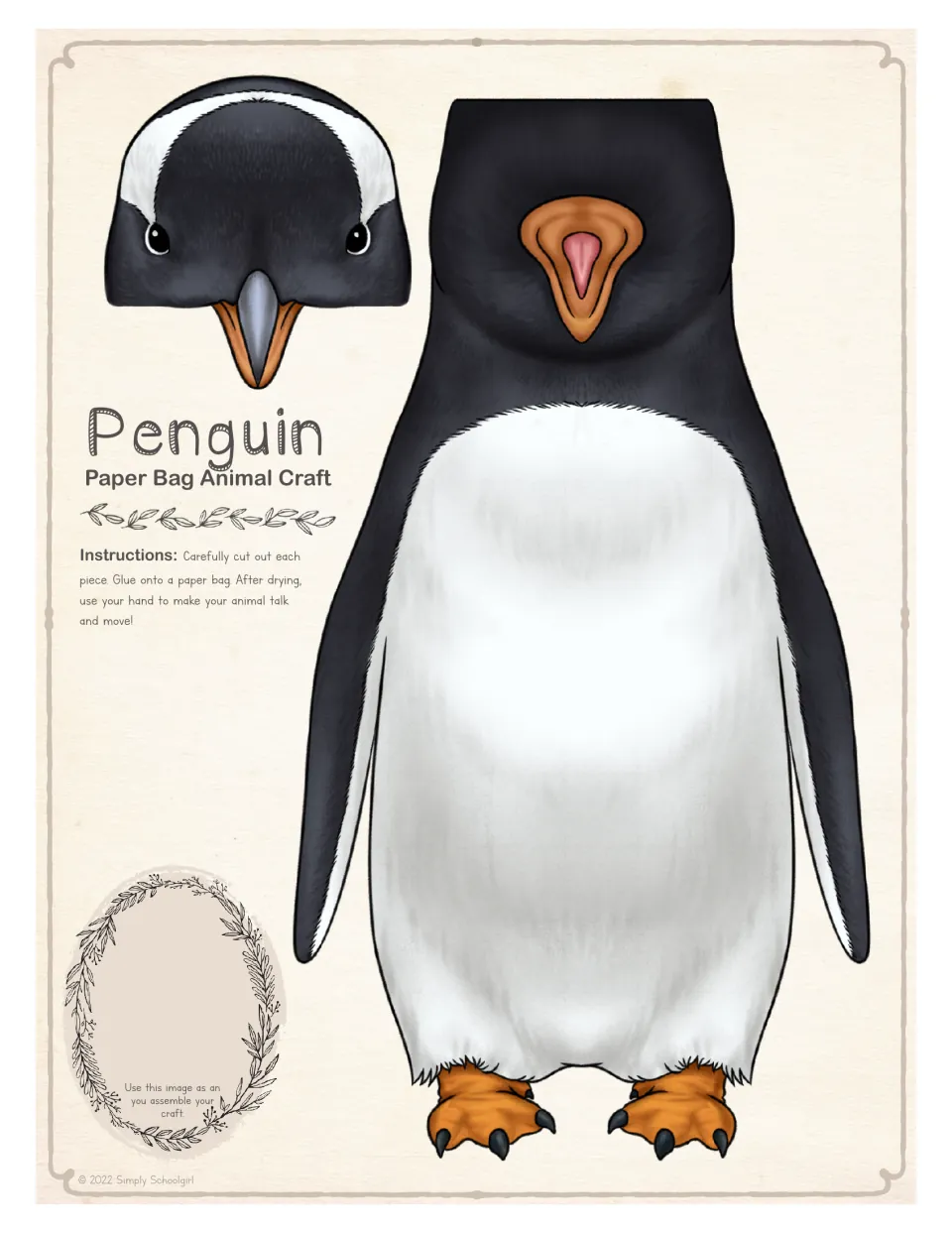 Full-color penguin cut-outs: head piece with beak and body piece with feet, plus cut-and-glue directions for a paper bag