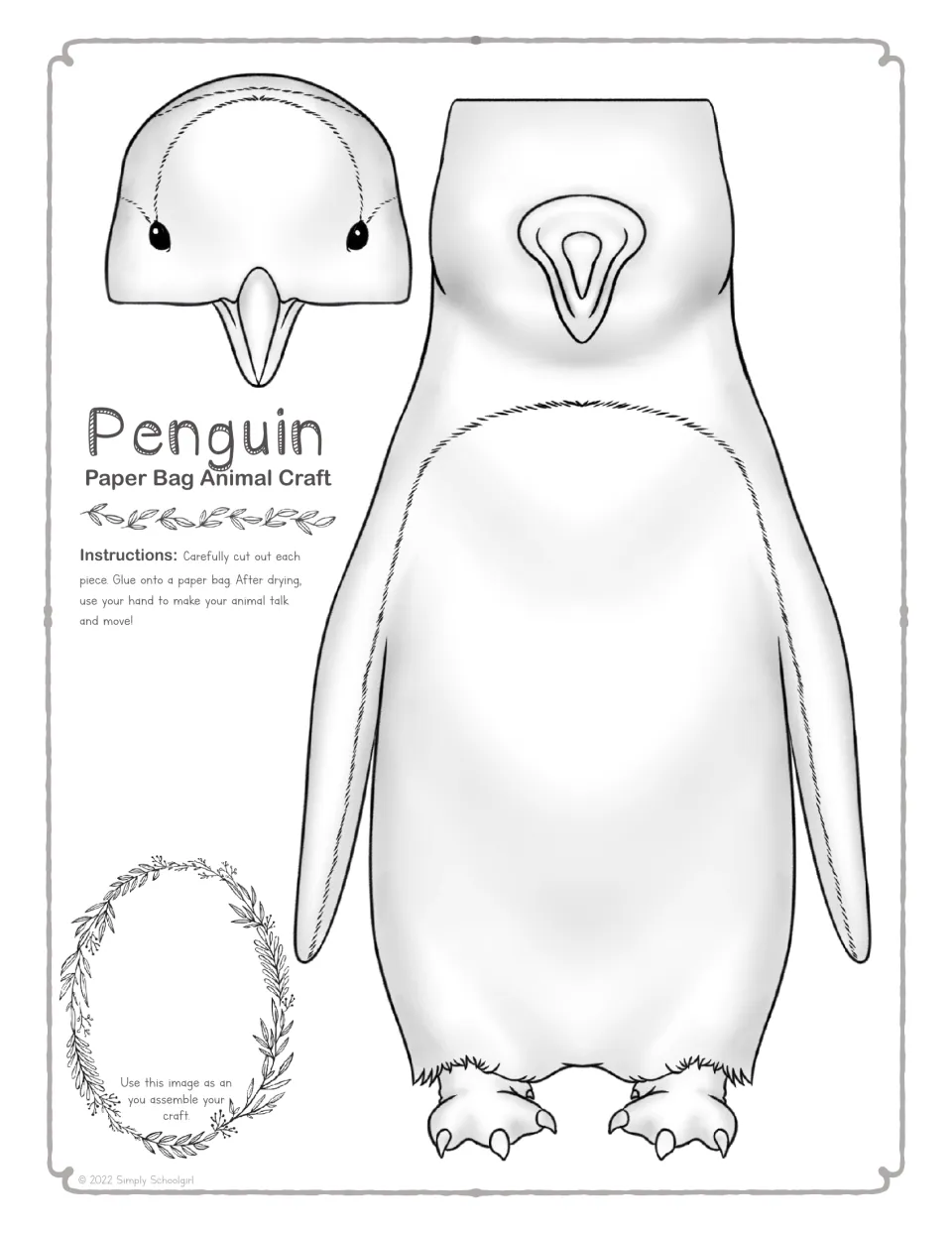 Black-and-white penguin head and body outlines for students to color, cut out and glue onto a paper bag to make a puppet