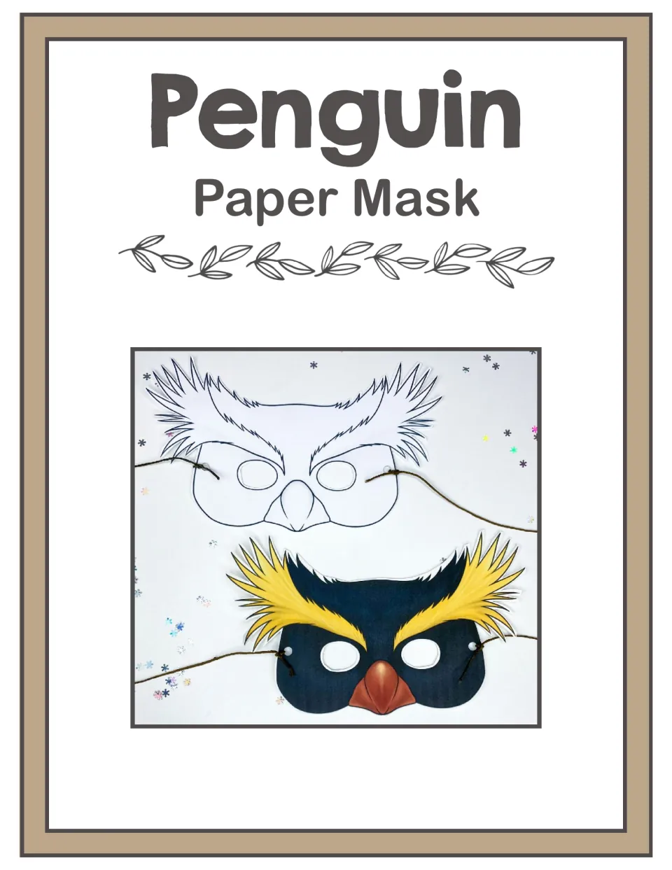 Penguin paper mask cover showing a black-and-white outline version and a colored mask with yellow crest feathers