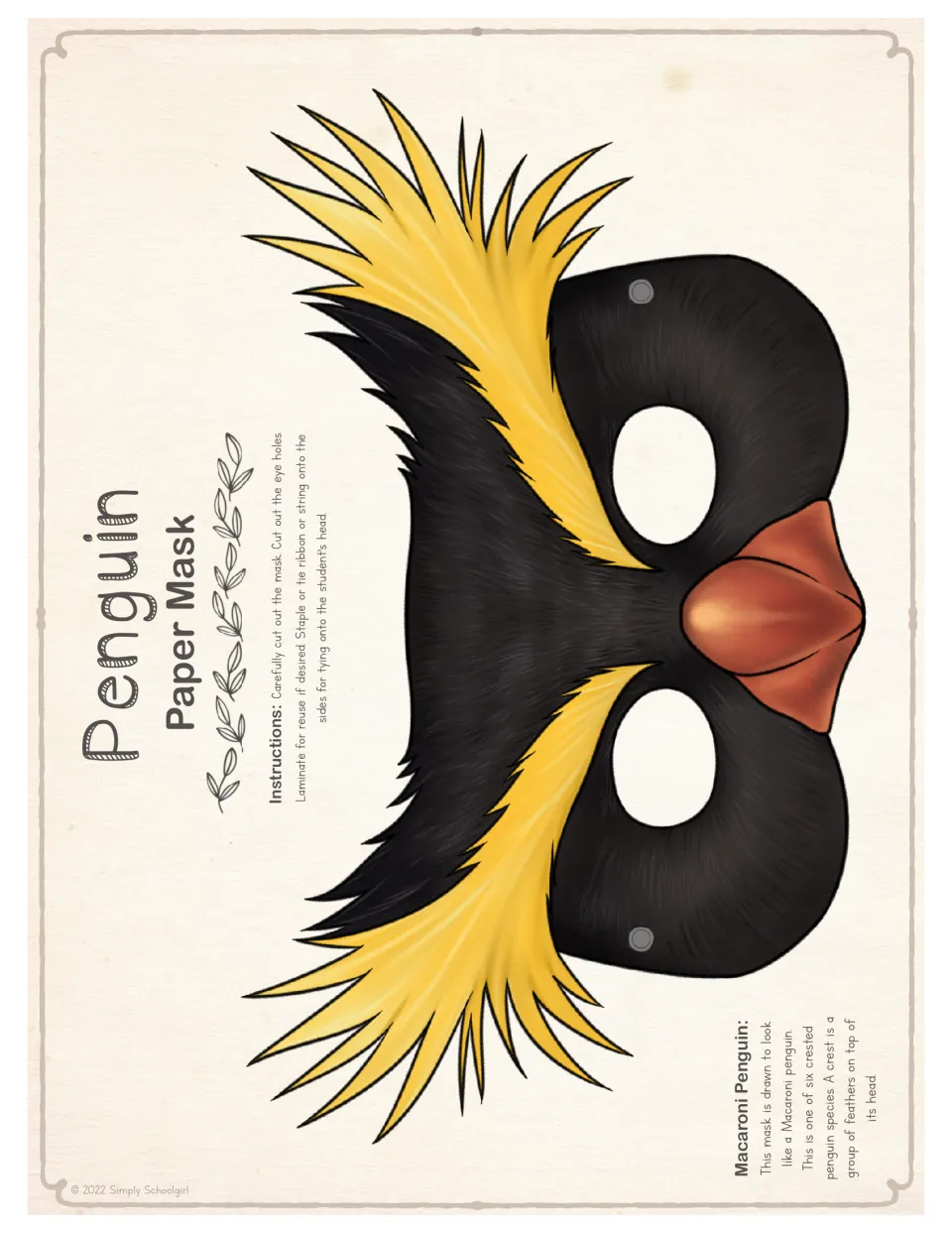 Full-color Macaroni penguin mask to cut out, with yellow crest feathers, eye holes, punch dots and a crested penguin fact