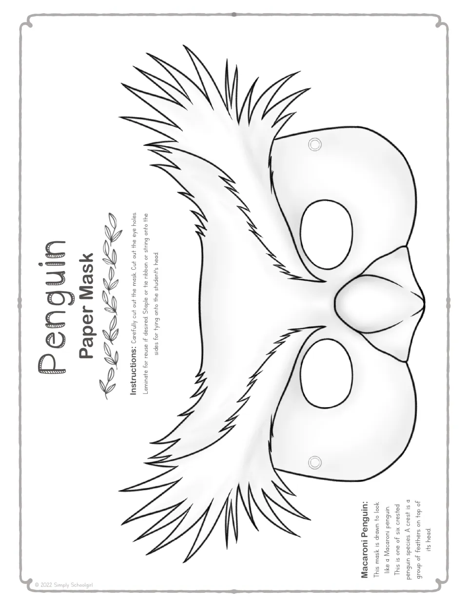 Black-and-white Macaroni penguin mask outline for students to color, cut out and tie on, with a note on crested penguins