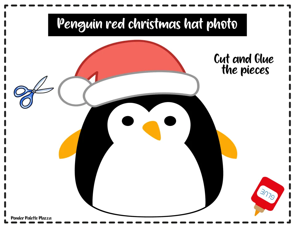 Finished penguin in a red Santa hat shown as a model, with the direction to cut and glue the pieces to build the craft