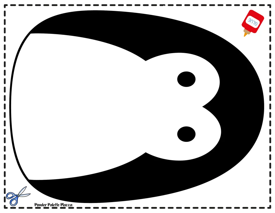 Penguin body cut-out piece: a large black body with white face and belly and two black eyes, printed sideways to cut out