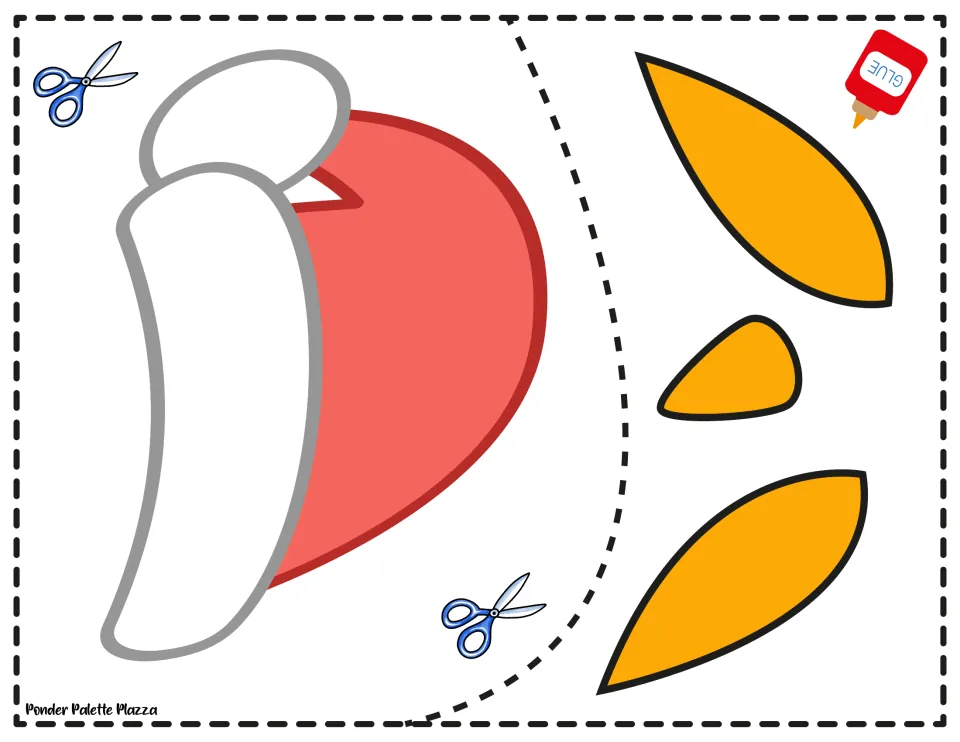 Cut-out pieces for the hat and features: a red Santa hat with white brim and pom-pom, plus two orange flippers and a beak