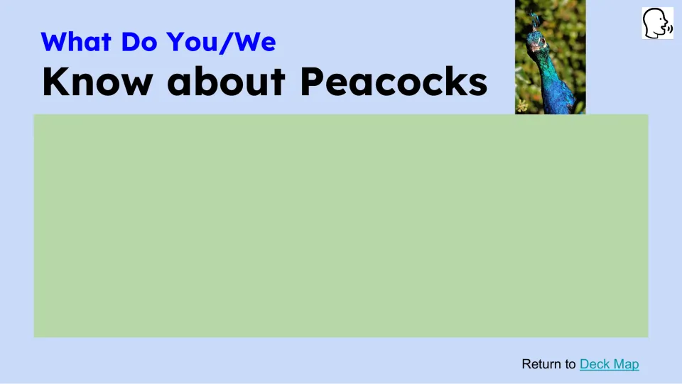 Prior-knowledge slide asks 'What Do You/We Know about Peacocks' and provides space to record responses