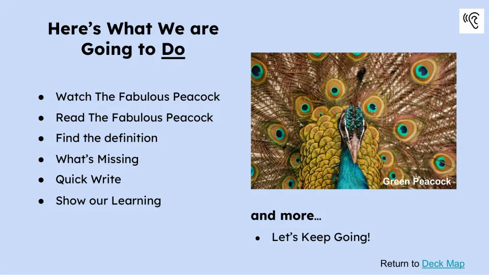 Activity preview lists watching and reading The Fabulous Peacock, finding definitions, and quick writing