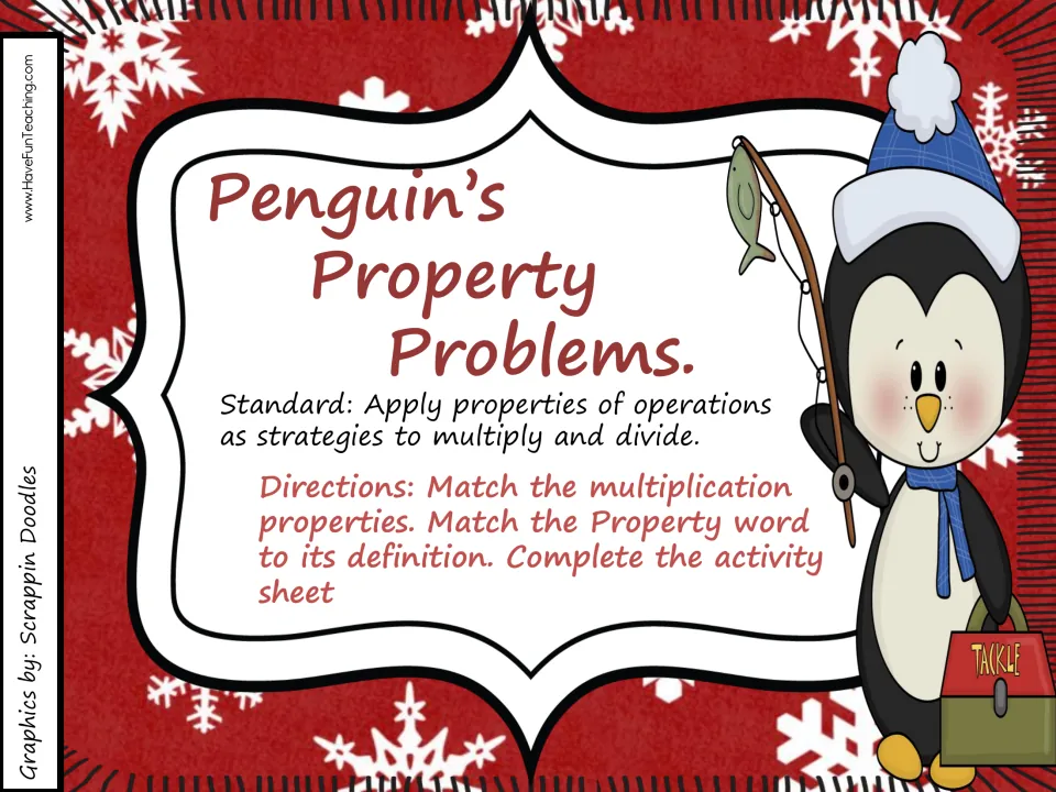 Penguin's Property Problems cover: directions to match multiplication properties to definitions and do the activity sheet