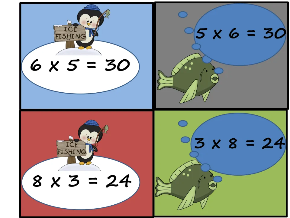 Commutative fact matching: penguin cards 6 x 5 = 30 and 8 x 3 = 24 pair with fish cards showing 5 x 6 = 30 and 3 x 8 = 24