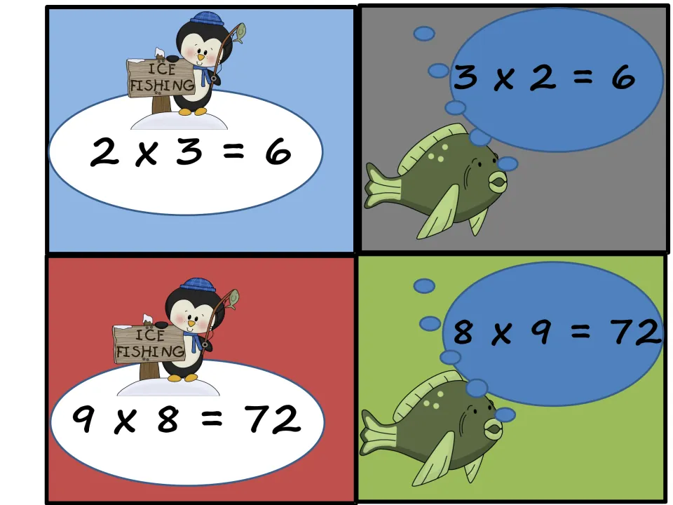 Order-of-factors matching cards: penguin facts 2 x 3 = 6 and 9 x 8 = 72 pair with fish facts 3 x 2 = 6 and 8 x 9 = 72