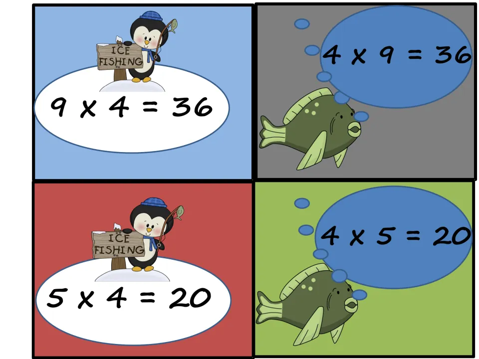 Commutative property pairs: penguin cards 9 x 4 = 36 and 5 x 4 = 20 match fish cards with 4 x 9 = 36 and 4 x 5 = 20