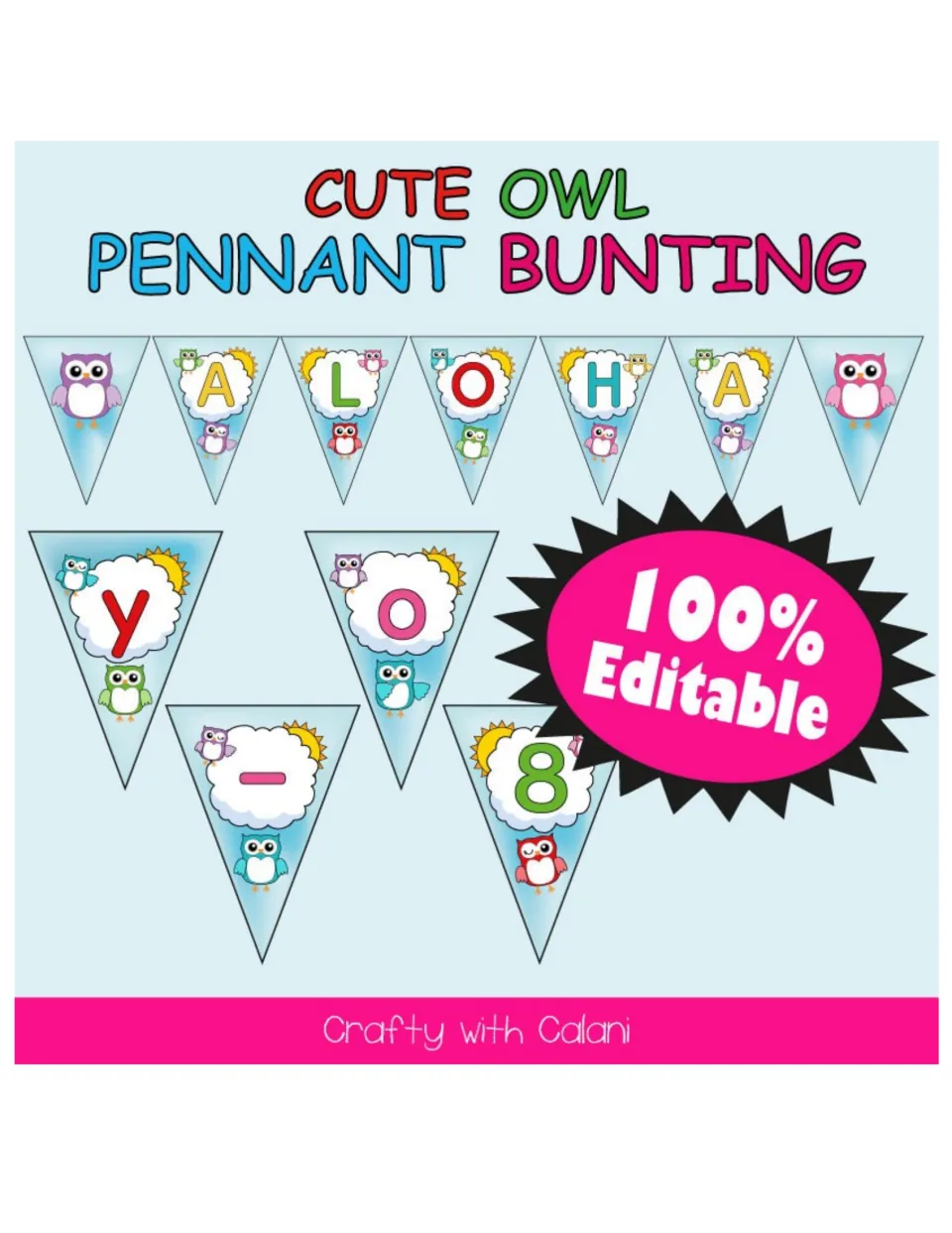 Cover of the owl classroom bunting resource, showing sample pennants spelling ALOHA and an editable label