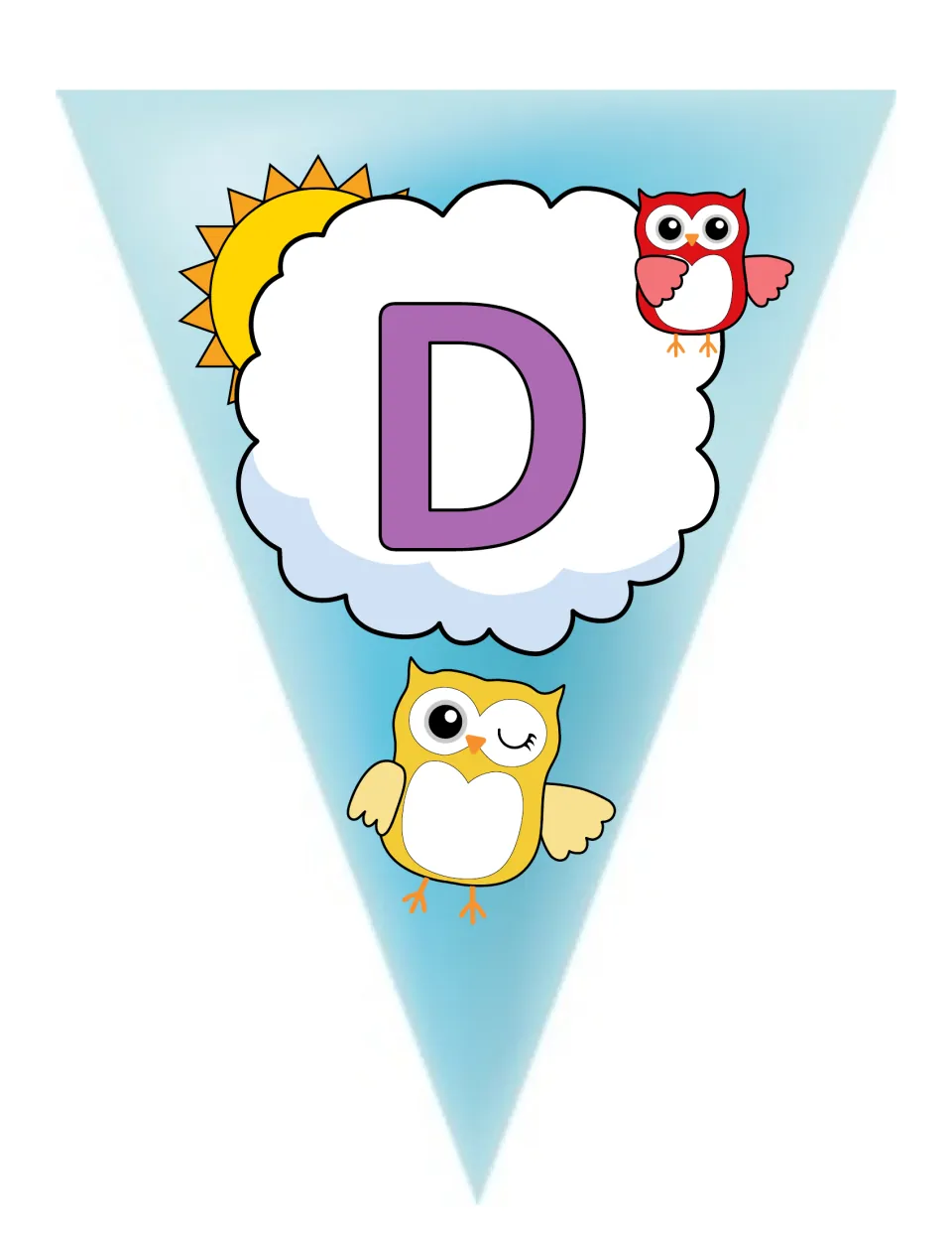 Uppercase letter D pennant for owl-themed classroom bunting, one of the set's 26 capital-letter designs