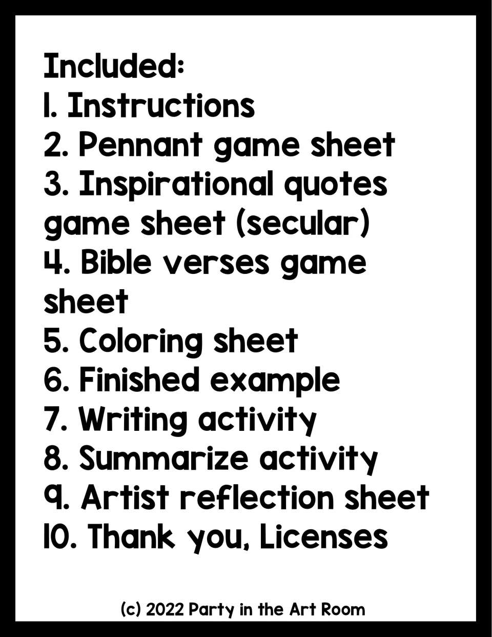Included list of 10 parts: instructions, three game sheets, coloring sheet, finished example, writing and reflection pages