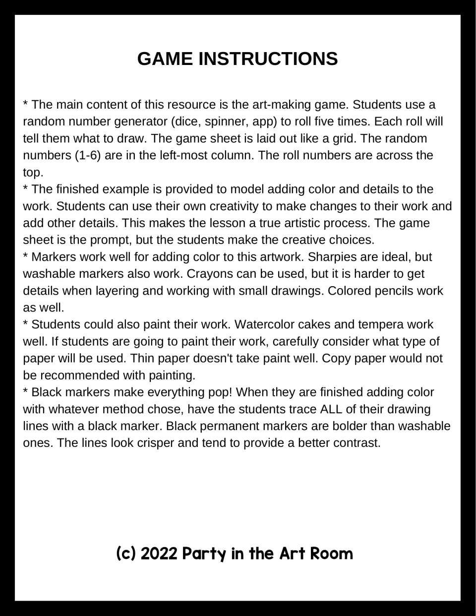 Game instructions: roll a die five times to pick each drawing, then color with markers or paint and trace lines in black