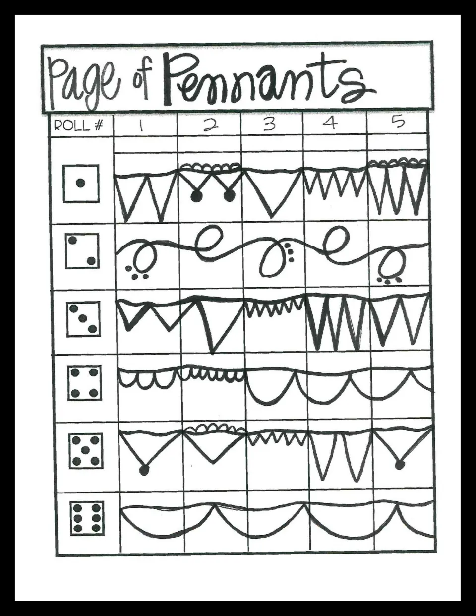 Page of Pennants roll-and-draw game: each die face 1 to 6 shows five hand-drawn bunting and looping string designs to copy