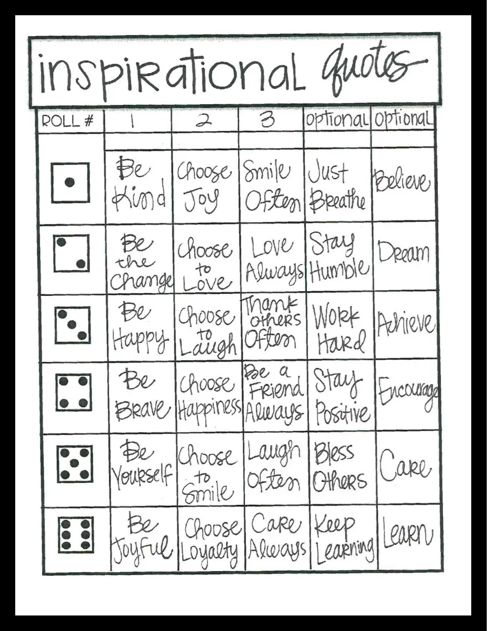 Inspirational quotes roll sheet: die rolls pick sayings such as Be Kind, Choose Joy, Smile Often and Dream to add to flags