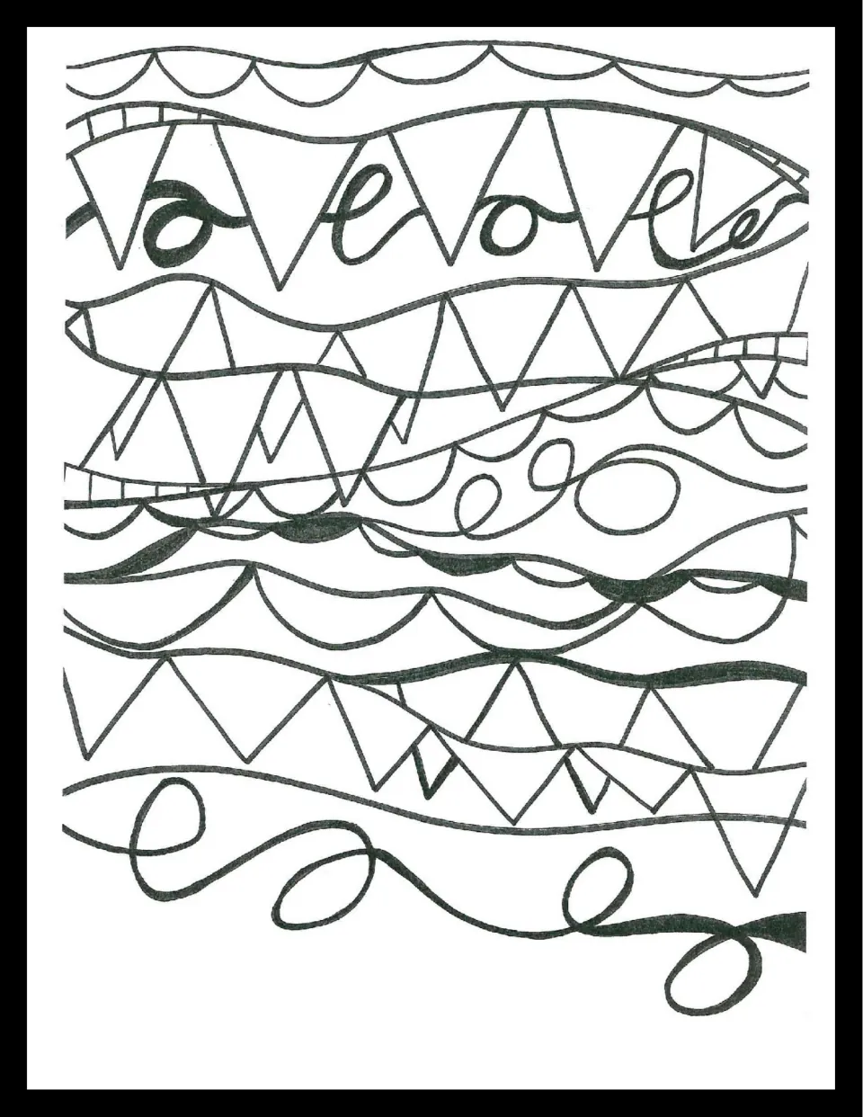 Pennant coloring sheet: uncolored rows of triangle flags, scalloped bunting and looping strings ready for students to color