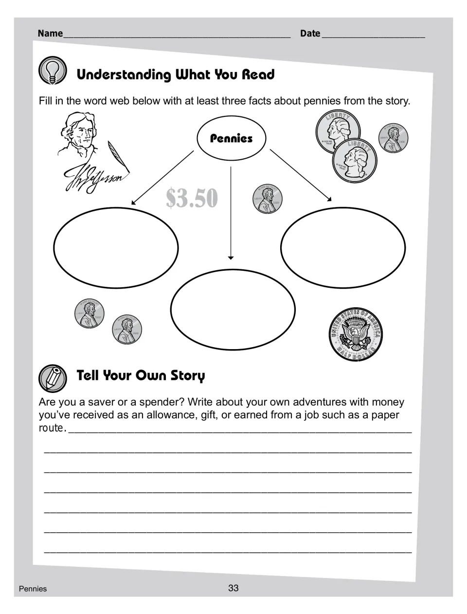 Reading response activities ask for three penny facts from the story and personal writing about saving or spending