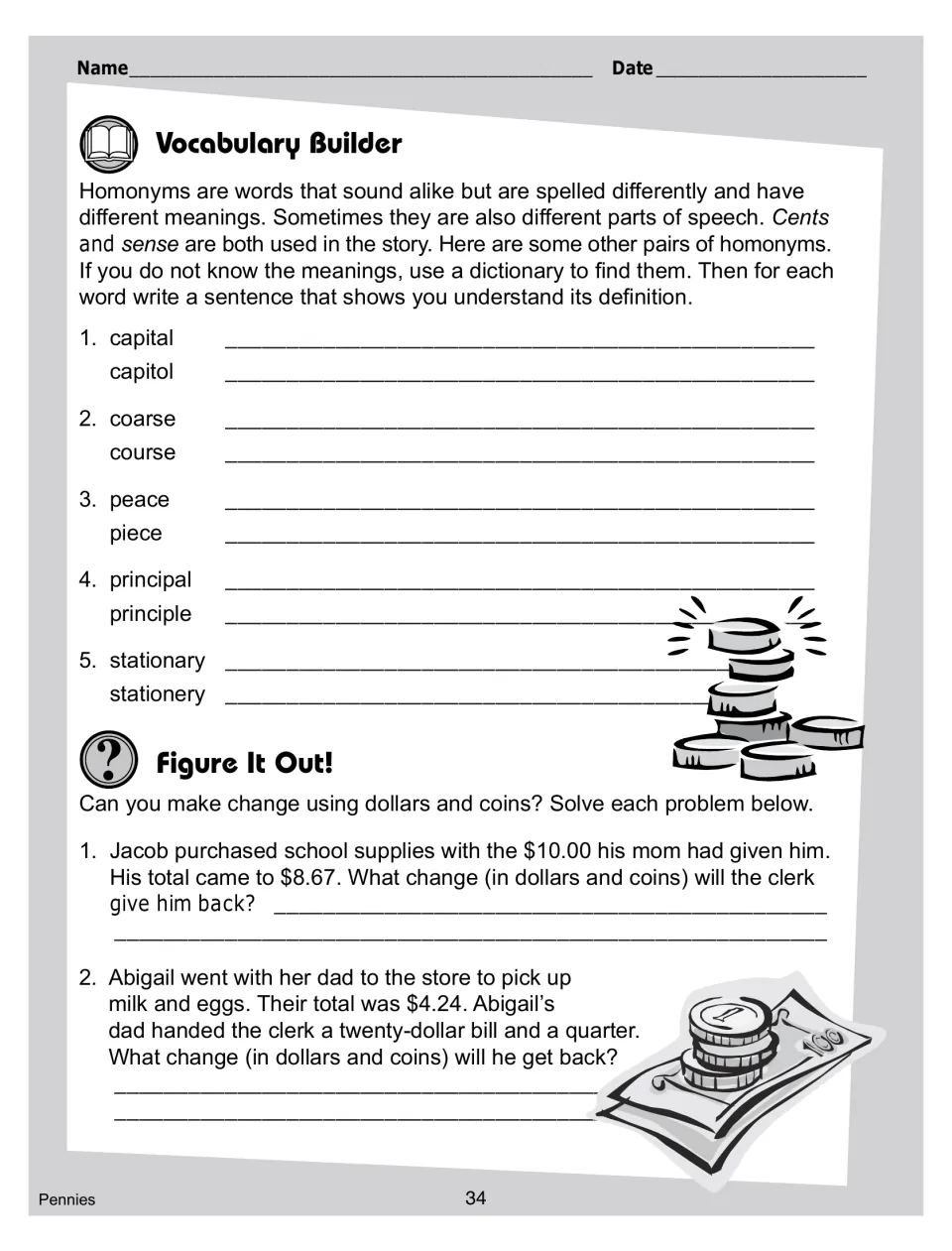 Vocabulary and money practice: write sentences for five sound-alike word pairs and solve two making-change problems
