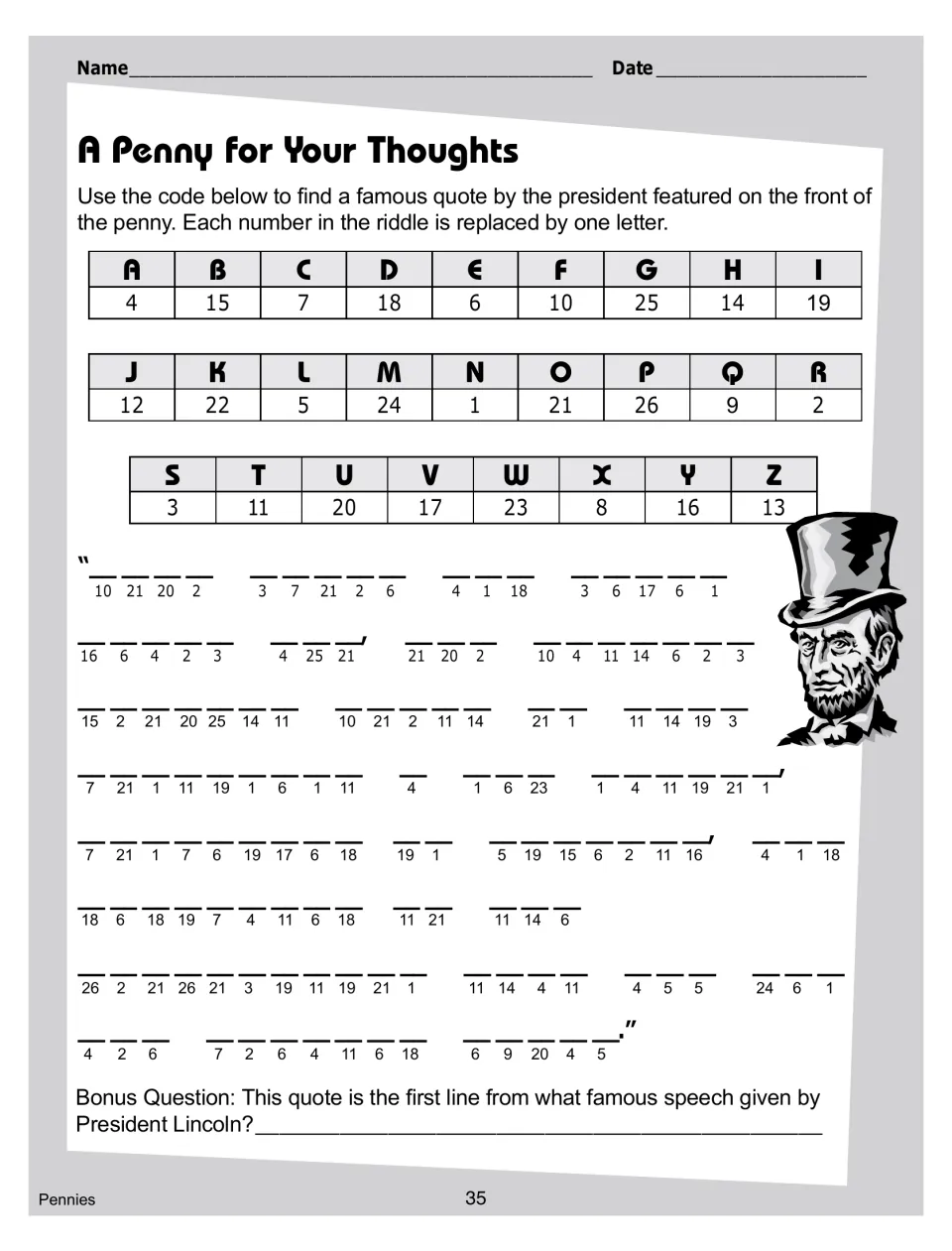 Penny lesson code puzzle asks students to decode a Lincoln quote and identify the speech it comes from
