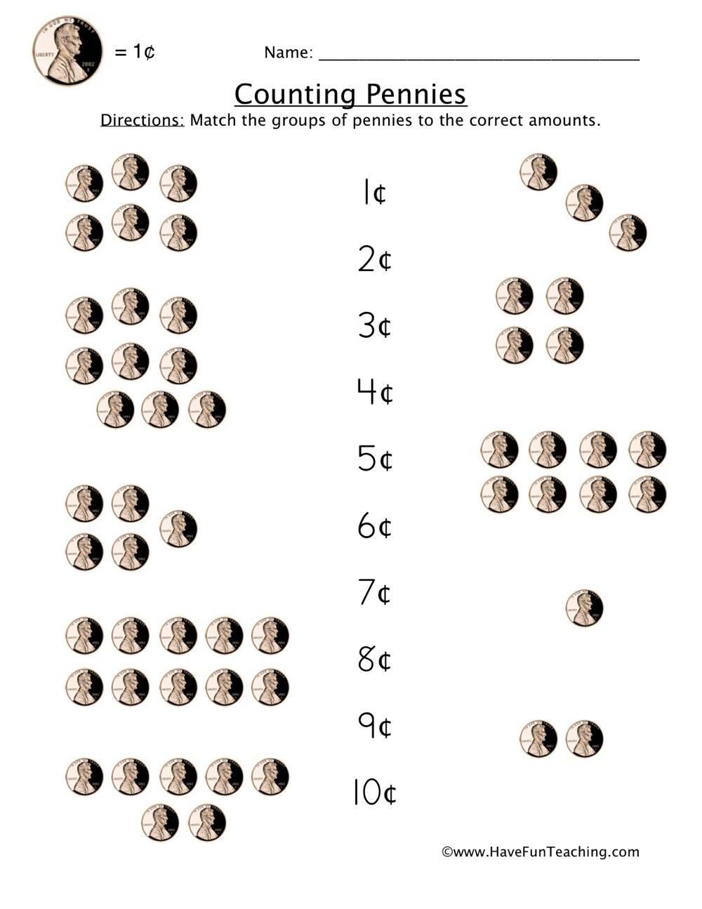 Pennies Matching Worksheet teaching resource preview
