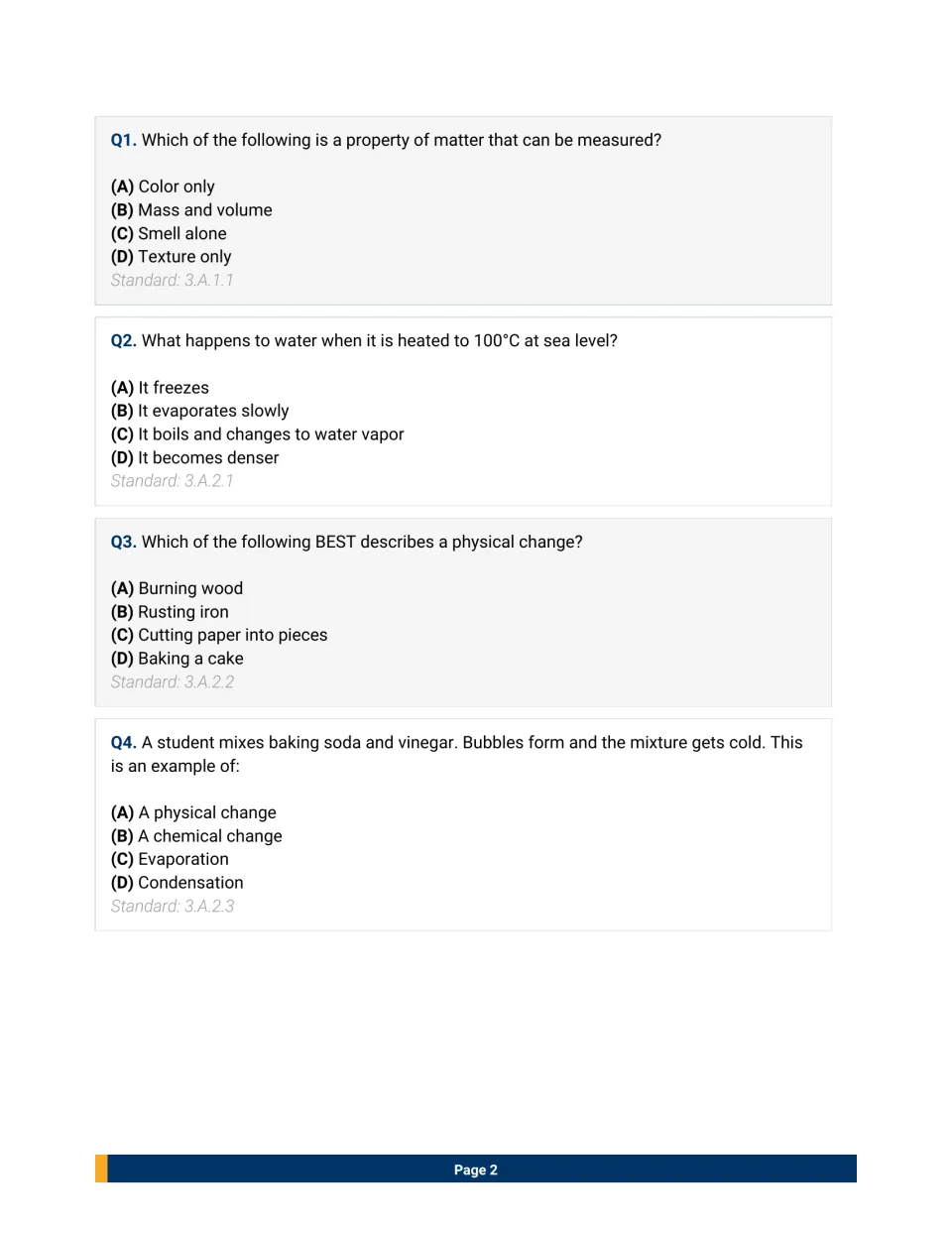 Matter questions 1-4: students choose answers on measurable properties, boiling water, and physical versus chemical change