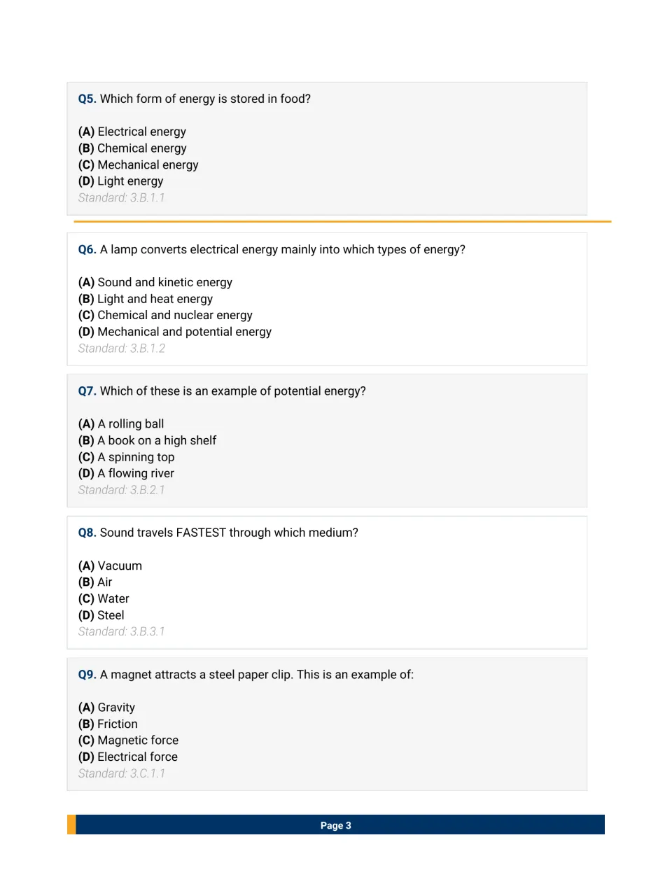 Energy and forces questions 5-9: multiple choice on stored chemical energy, a lamp, potential energy, sound and magnets