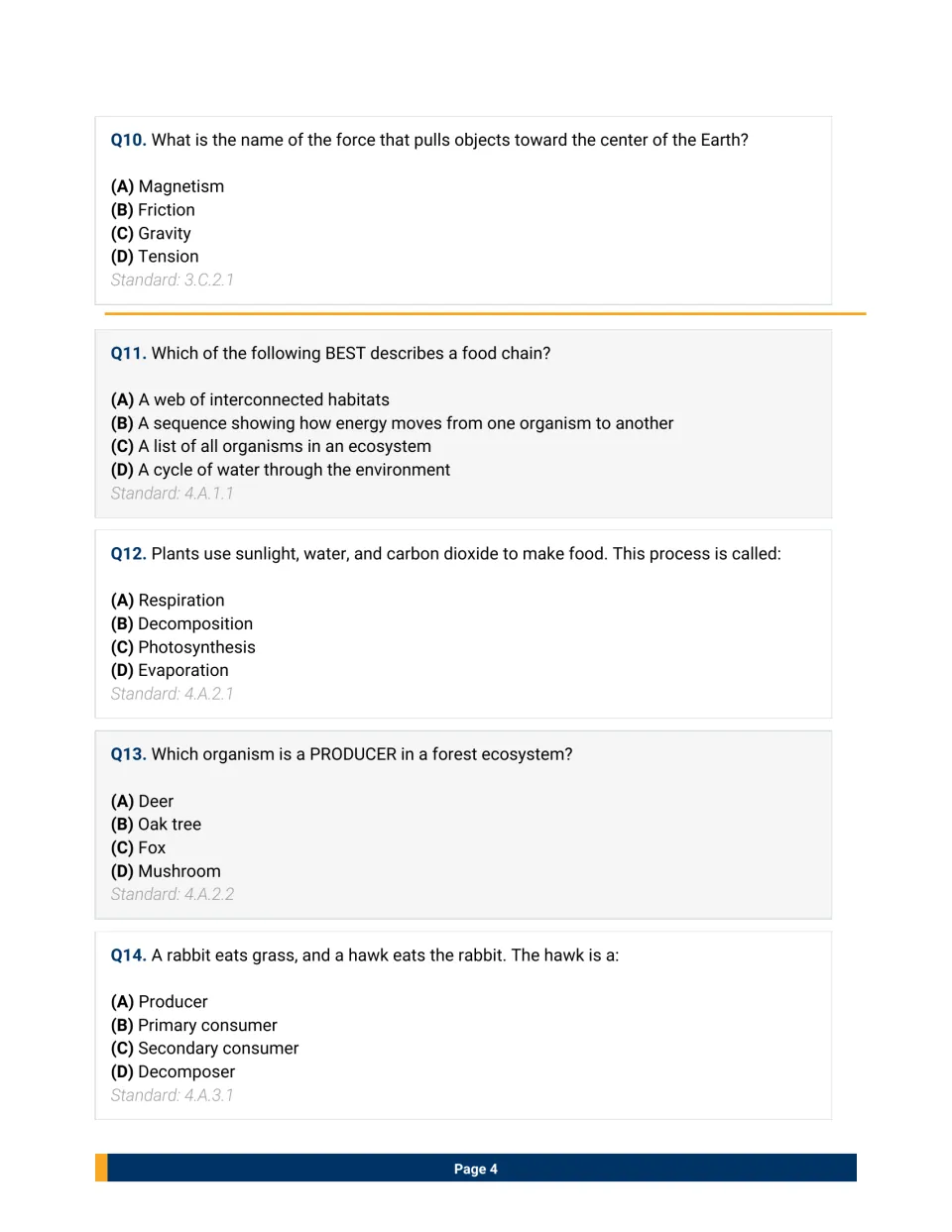 Forces and ecosystems questions 10-14: multiple choice on gravity, food chains, photosynthesis, producers and consumers