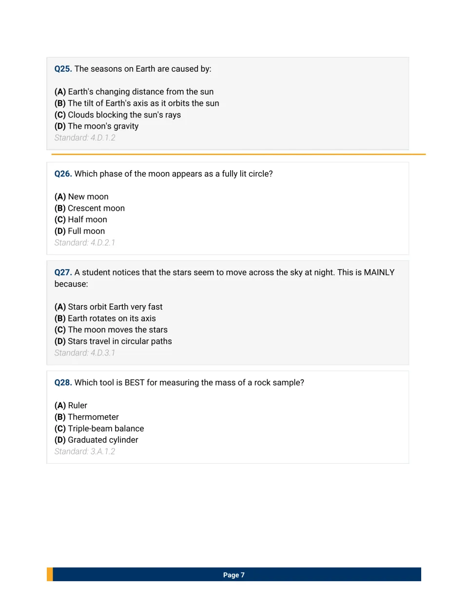 Space and tools questions 25-28: students choose answers on seasons, moon phases, star motion and measuring mass