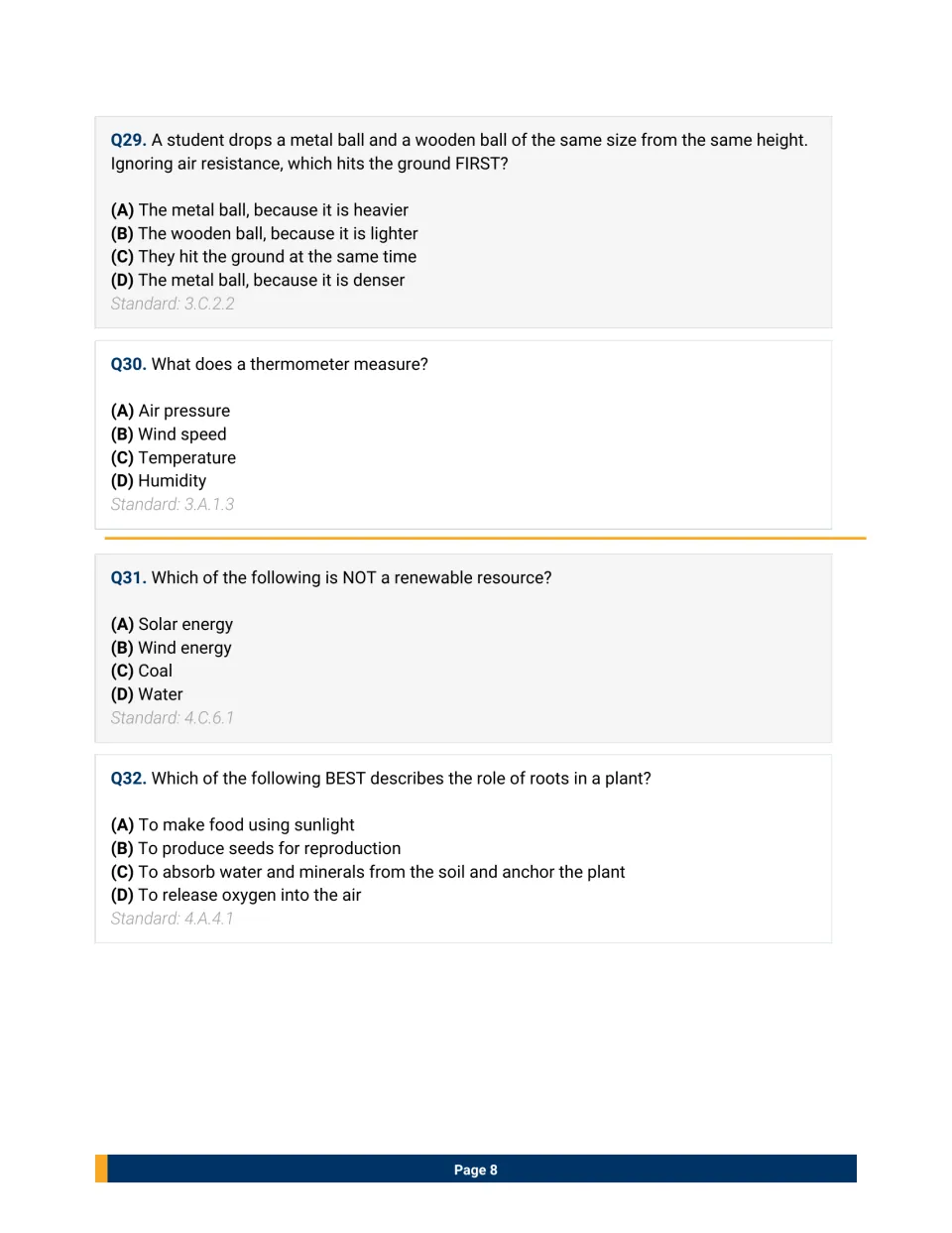 Mixed science questions 29-32: falling objects, what a thermometer measures, nonrenewable coal and the role of plant roots