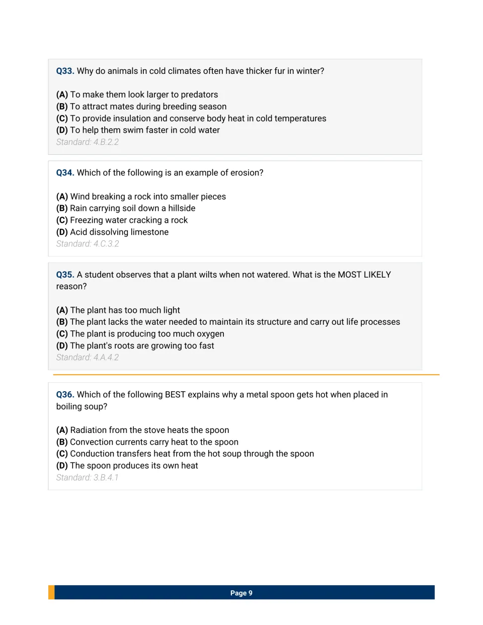 Mixed review questions 33-36: thick winter fur, rain moving soil, a wilting plant and heat conduction in a spoon