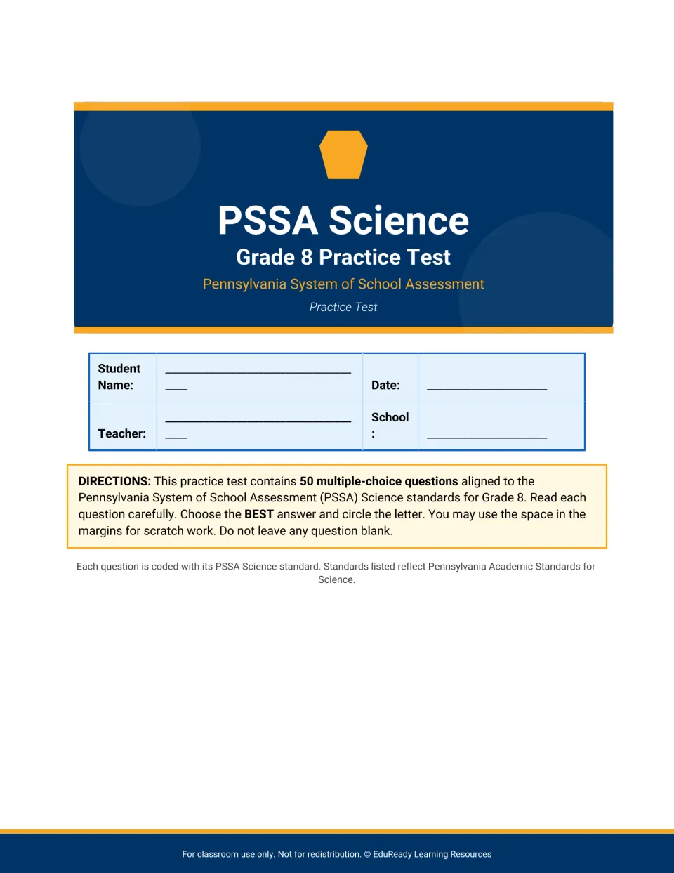 Test title page: students fill in name, teacher, date and school, then read directions for 50 multiple-choice items