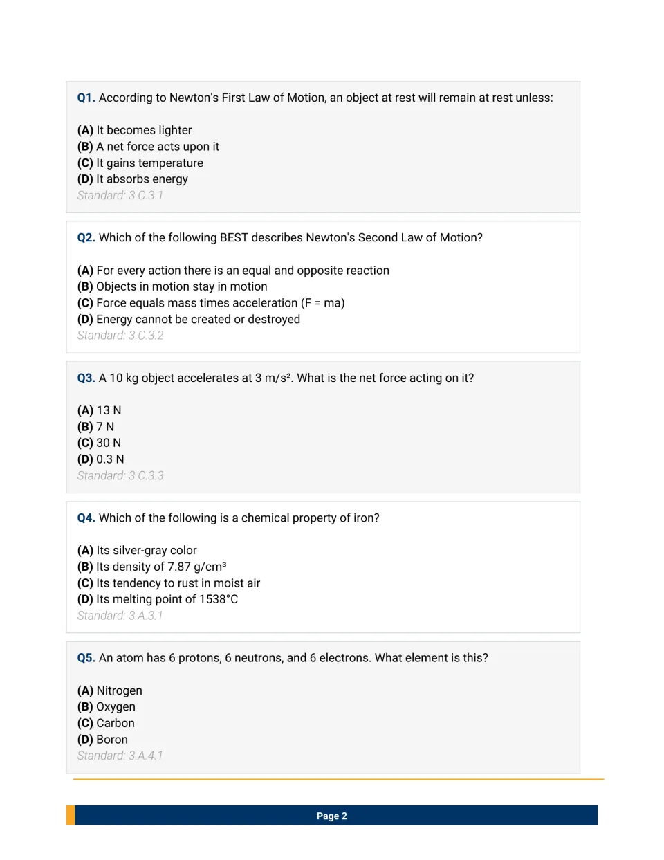 Questions 1-5 on Newton's laws, F = ma force calculation, chemical properties of iron and identifying carbon from its atom