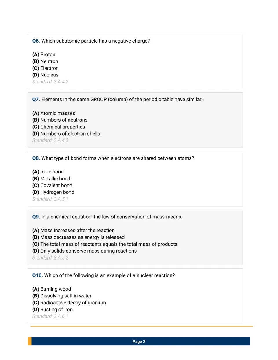 Questions 6-10 on electrons, periodic table groups, covalent bonds, conservation of mass and nuclear decay