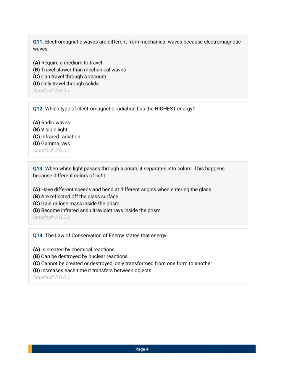 Questions 11-14 on electromagnetic vs. mechanical waves, gamma ray energy, light through a prism and conservation of energy