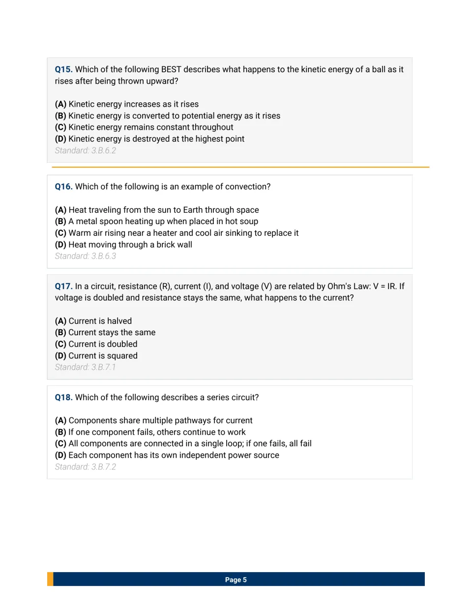 Questions 15-18 on kinetic to potential energy, convection examples, Ohm's Law V = IR and identifying a series circuit