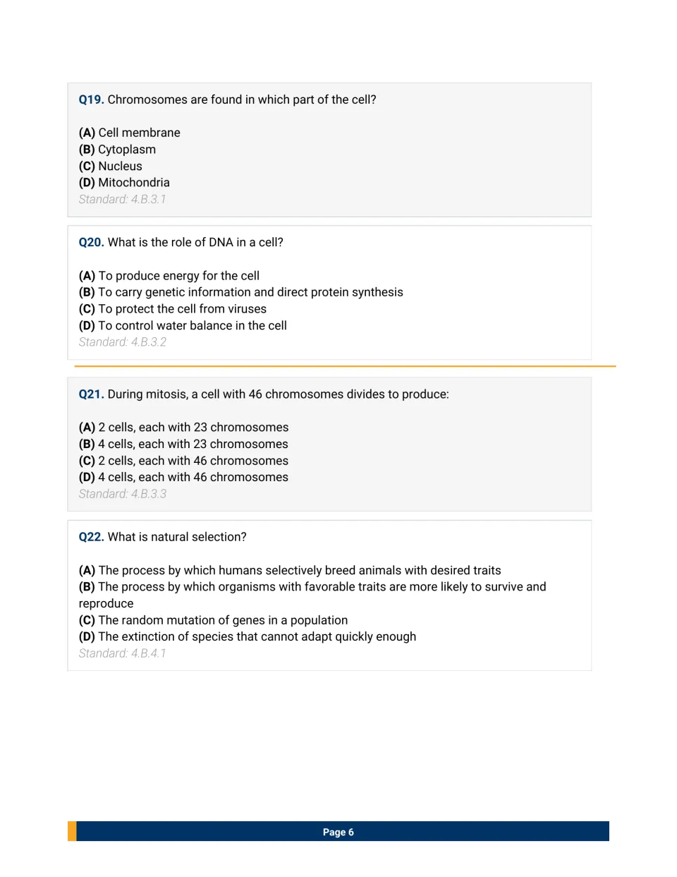 Questions 19-22 on chromosome location, the role of DNA, cell counts after mitosis and defining natural selection