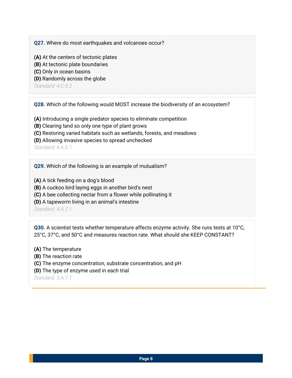 Questions 27-30 on plate boundaries, raising biodiversity, mutualism, and controlled variables in an enzyme experiment