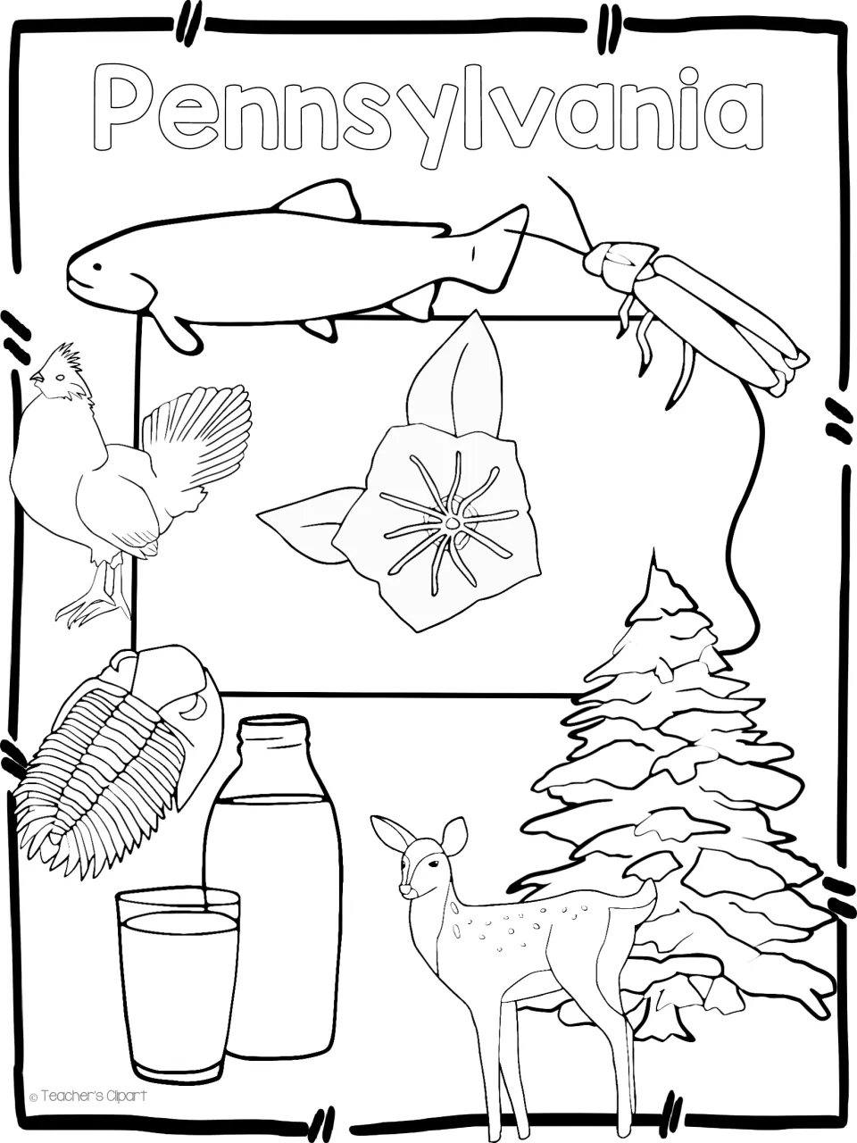 Pennsylvania symbols line art: trout, firefly, grouse, mountain laurel, trilobite, milk, hemlock, deer around the state map