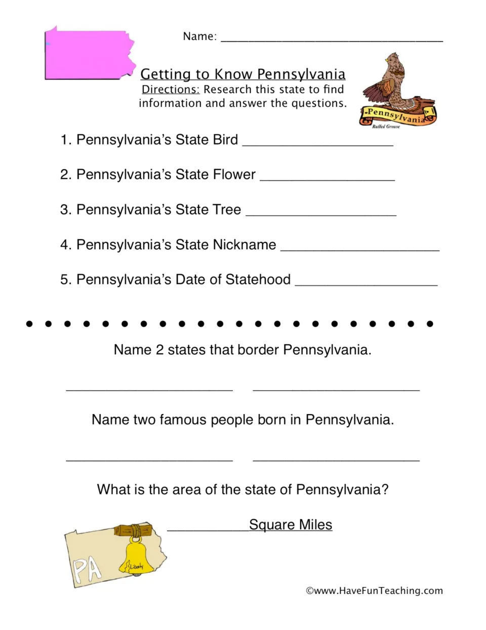 Pennsylvania research worksheet: state symbols, nickname, statehood, bordering states, famous people, and area