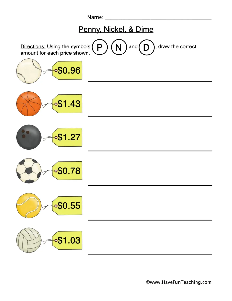 Coin drawing practice using P, N, and D for six prices: $0.96, $1.43, $1.27, $0.78, $0.55, and $1.03.