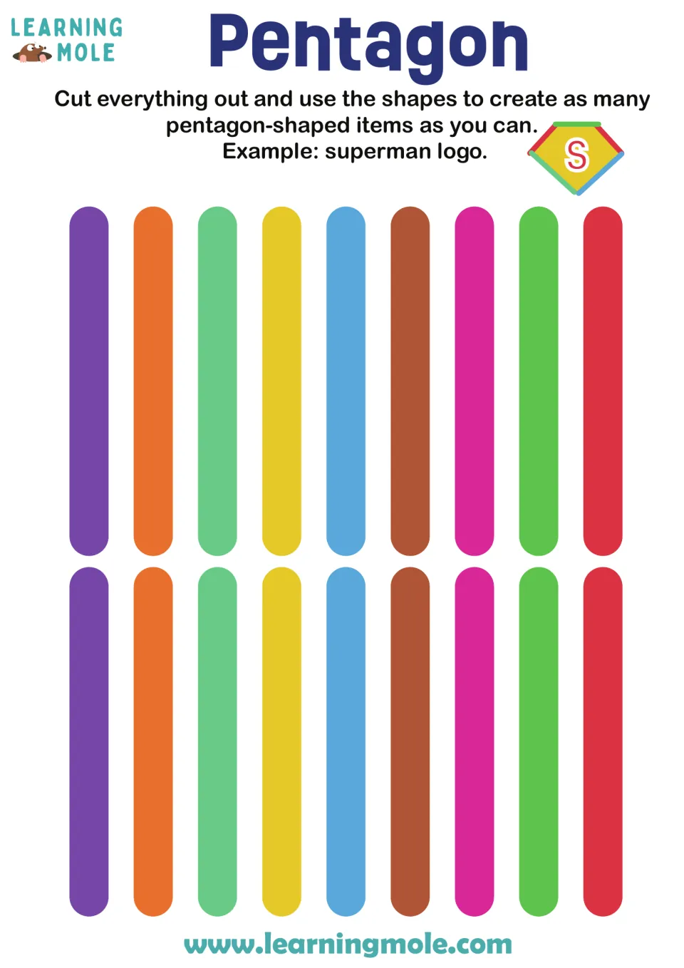 Pentagon shape building: students cut out 18 colored sticks and build pentagon-shaped items like a Superman logo