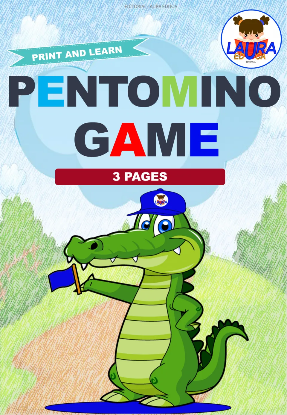 Cover of the pentomino game labeled 'PRINT AND LEARN,' 'PENTOMINO GAME,' and '3 PAGES'