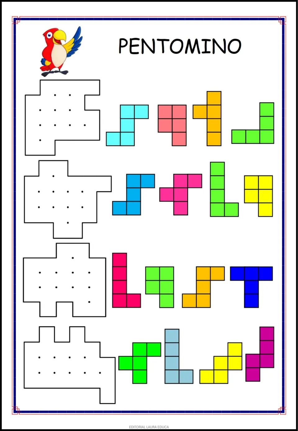 First pentomino activity sheet: four outlined target shapes, each paired with four colored five-square pieces